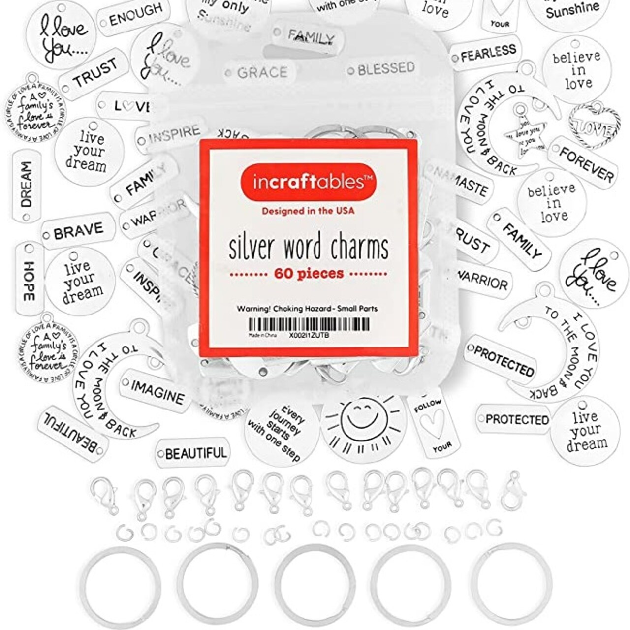 Incraftables 60pcs Word Charms with 15pcs Clasps & Rings. Bulk Motivational & Inspirational Silver Charms for DIY Craft, Bangle & Jewelry Making. Designer Charm Set for Bracelet & Crafting Supplies